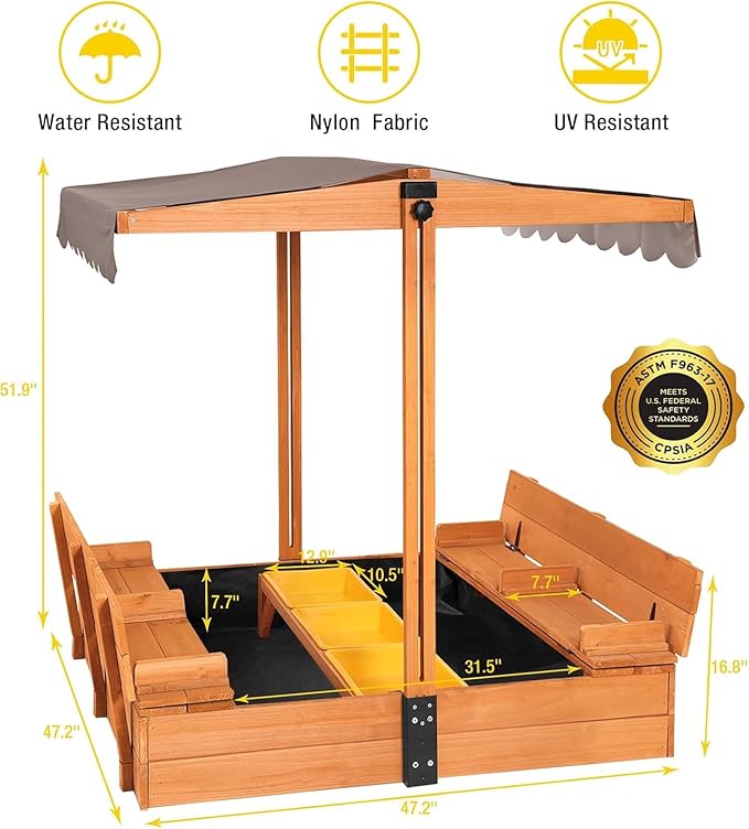 AIVITUVIN Sandbox with Lid, Sand Boxes for Kids Outdoor, 47.2 Inch Sand, UV Resistant & Adjustable Height Roof, Gift for Kids Ages 4-8 (Sandbox + 3 Toy Bins)