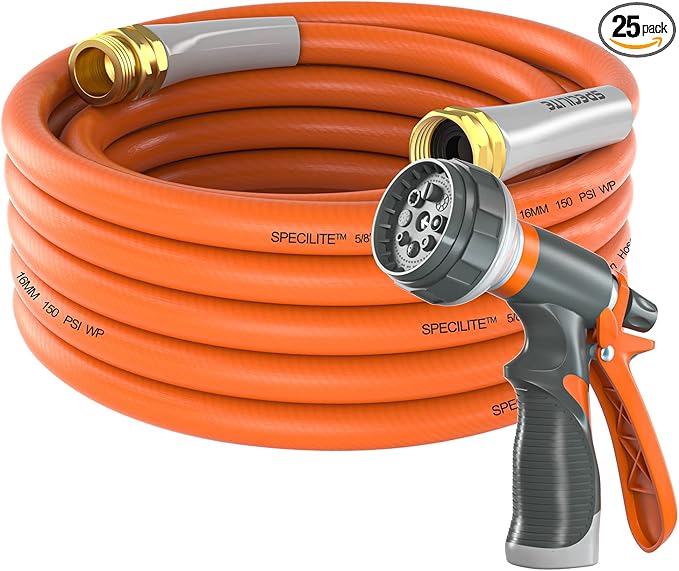 SPECILITE Garden Water Hose 25 ft x 5/8 in Heavy Duty, Flexible and Lightweight, Burst 600 psi, Kink-less Hybrid Rubber Pipe for Backyard, 3/4'' Brass Fittings, Orange