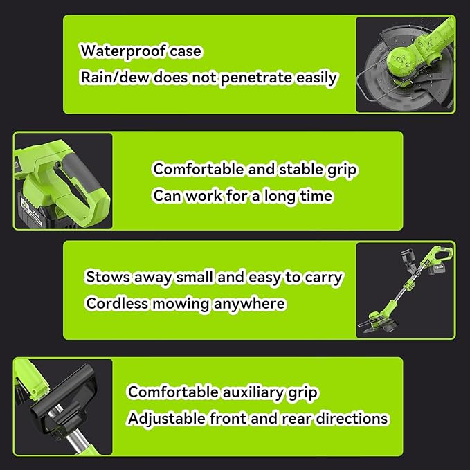 Electric String Trimmer Cordless with 20V Battery Powered 12-inch Lawn Mover & Edger Lawn Tool with Charger, Powered Grass Trimmer with 4pcs Spools and 2 Spool Covers Line for Yard and Garden, Green