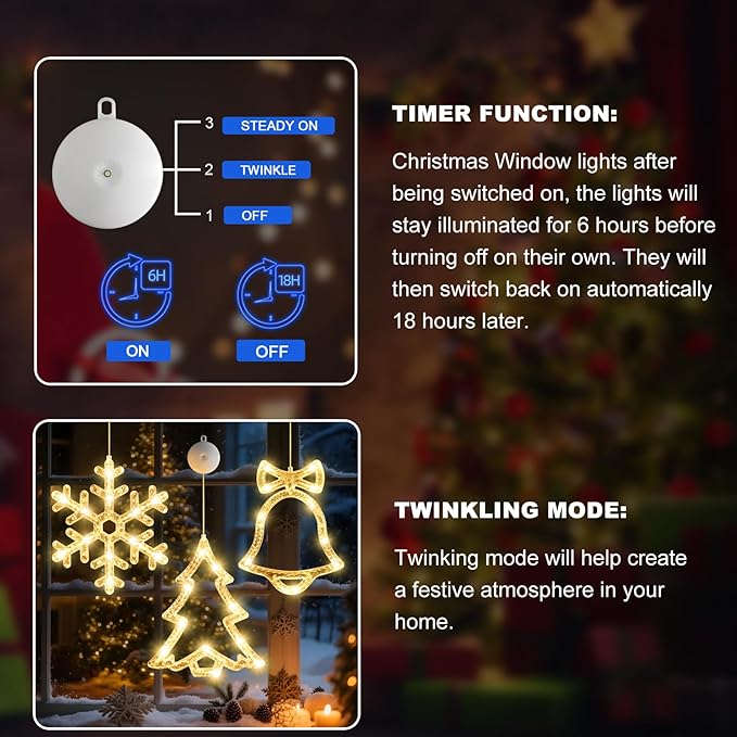 3Pack Christmas Window Lights Decorations with Timer,Battery Powered Christmas Hanging Warm White Lighted Snowflake Tree Bells Shaped LED Sucker for 2026 Xmas Tree Fireplace Indoor Decor