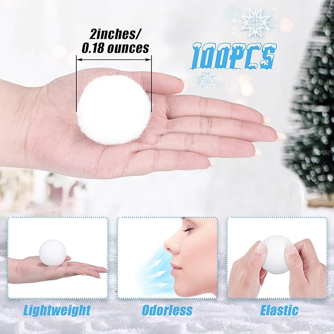 Fovths 100 Pack Snow Toy Ball for Kids 2 Inch Artificial Snow Fight Ball Set Realistic Fake Snow Toss Ball Set for Indoor & Outdoor Snow Fight Christmas Tree Decoration and Winter Family Toss Games