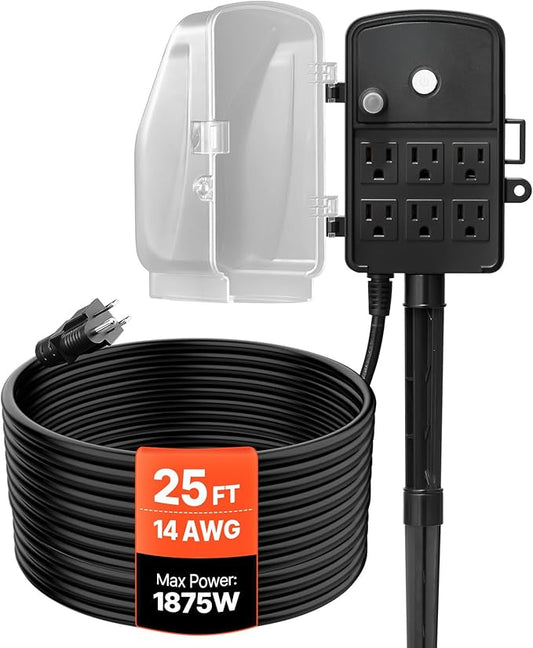 VEVOR Outdoor Power Stake Waterproof, 25 FT Extension Cord, Outdoor Power Strip, Weatherproof with Cover and Overload Protection, 6 Outlets, 15A/1875W for Halloween/Christmas Lights Decorations