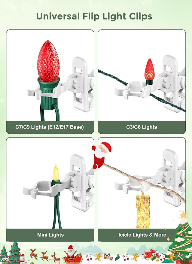 C7 C9 Christmas Lights Clips, 50 Count Holiday Lights Quick Spring Clips, Shatterproof Shingle and Gutter Clips for E12, E17 Socket, Rope Lights Roofline Fence Railing Mantel Christmas Trees, White
