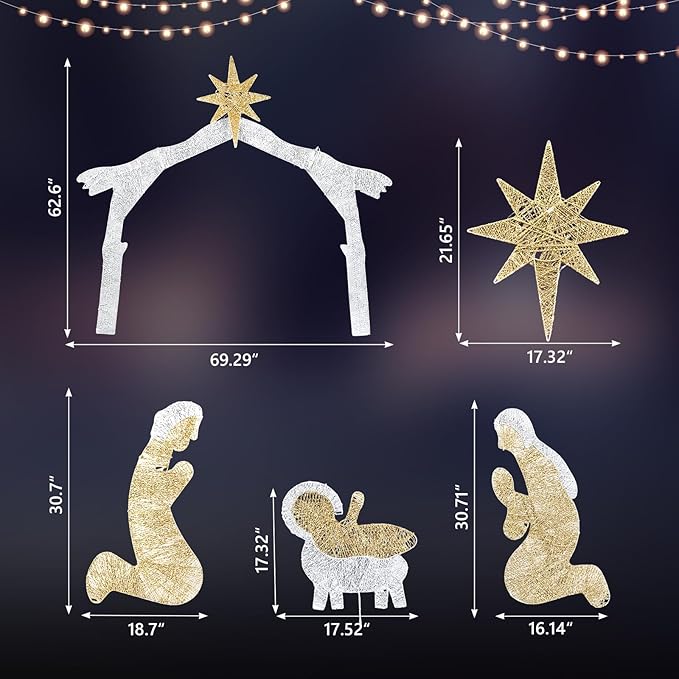 Yescom 6Ft Manger Nativity Scene Outdoor Garden Jesus Decoration Christmas Pre-lit 3D Artificial for Patio Yard Party Event Holiday Display with 190 LED Lights Silver Warm White