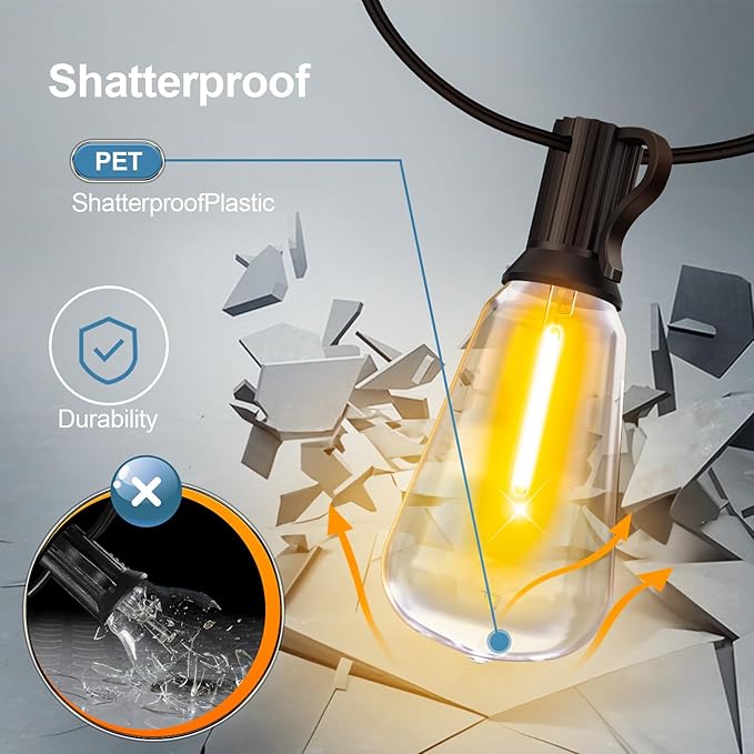 Outdoor String Led Patio Lights - 150Ft 45M Outside Waterproof Light With Remote Dimmable ST38 Shatterproof Bulb Connectable Hanging Outdoor Electric Lighting For Backyard Yard Gazebo Porch Party
