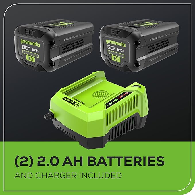 Greenworks 80V 21¡± Brushless (Push) Cordless Electric Lawn Mower + (500 CFM) Axial Leaf Blower (75+ Compatible Tools), (2) 2.0Ah Batteries and 30 Minute Rapid Charger