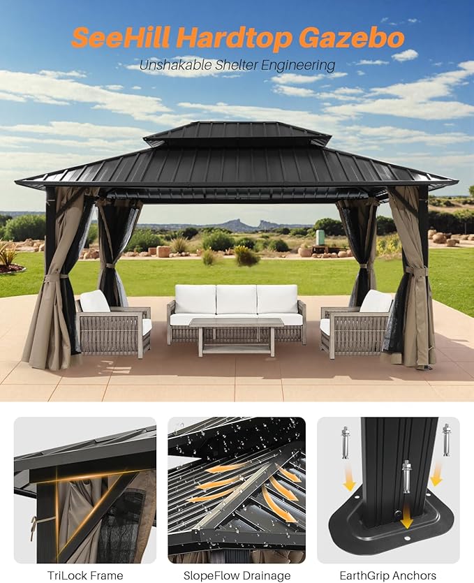 10' x 12' Hardtop Gazebo, Aluminum Frame Outdoor Patio Gazebo with Netting and Curtains, Outdoor Hardtop Gazebos, Patio Pergolas with Double Metal Roofs for Backyard, Patio, Deck, Sandstone