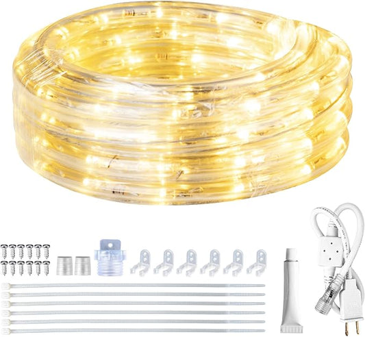 SURNIE LED Rope Lights Outdoor Warm White, Waterproof 10FT Cuttable 3000K Soft Lighting Indoor 110V Flexible Clear Tube for Bedroom Outside Garden Deck Patio Camping Decor, Not Flat Strip