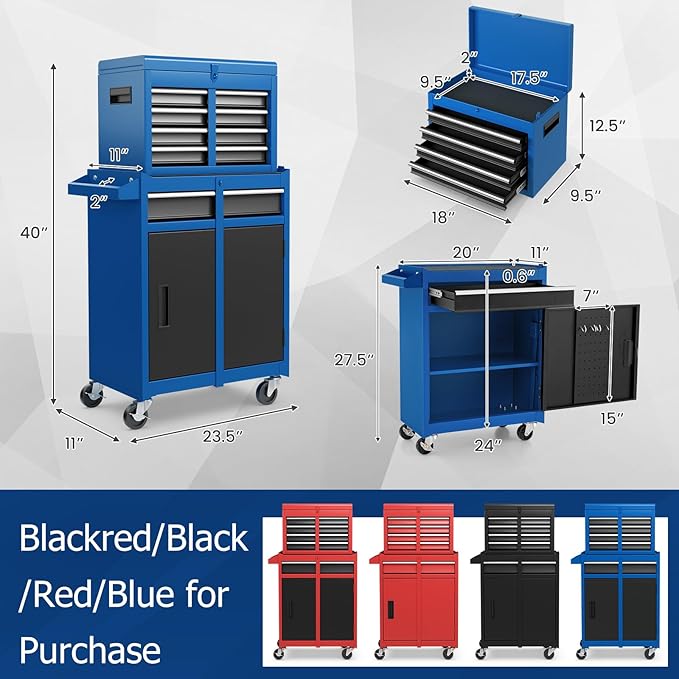 ERGOMASTER Tool Chest Heavy Duty Rolling Tool Box with Cabinet 5-Drawer for Lockable & Removable Cabinet for Garage and Workshop - Blue