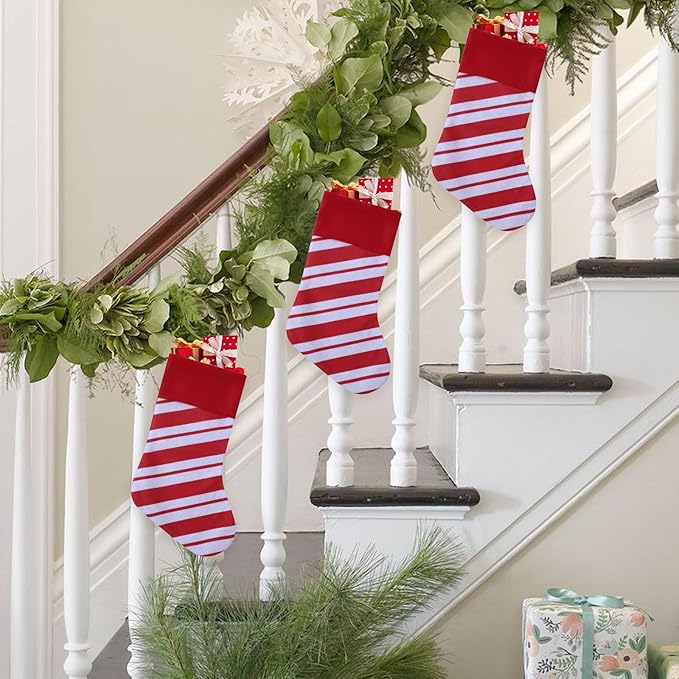 24 Pack Candy Cane Christmas Stockings, 18 Inches Green and White Christmas Stockings for Family Christmas Holiday Decorations