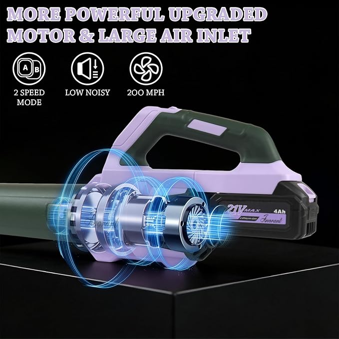 Leaf Blower Cordless with Battery and Charger, 500 CFM/200 MPH, Electric Leaf Blowers with 2 Speeds, 2 Extended Tubes,2 x 2.0 Ah Battery-Powered Leaf Blowers for Lawn Care Blowing Leaves Yard(Purple)