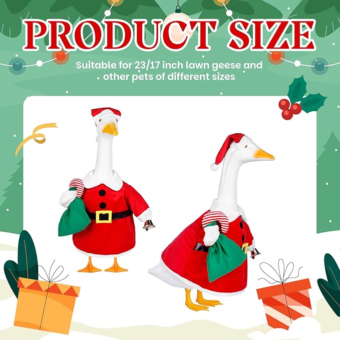 Christmas Santa Porch Goose Outfits Christmas Lawn Goose Clothes Fits 23" Cement Plastic Goose Statue for Xmas Outdoor Garden Yard Patio Art Decoration