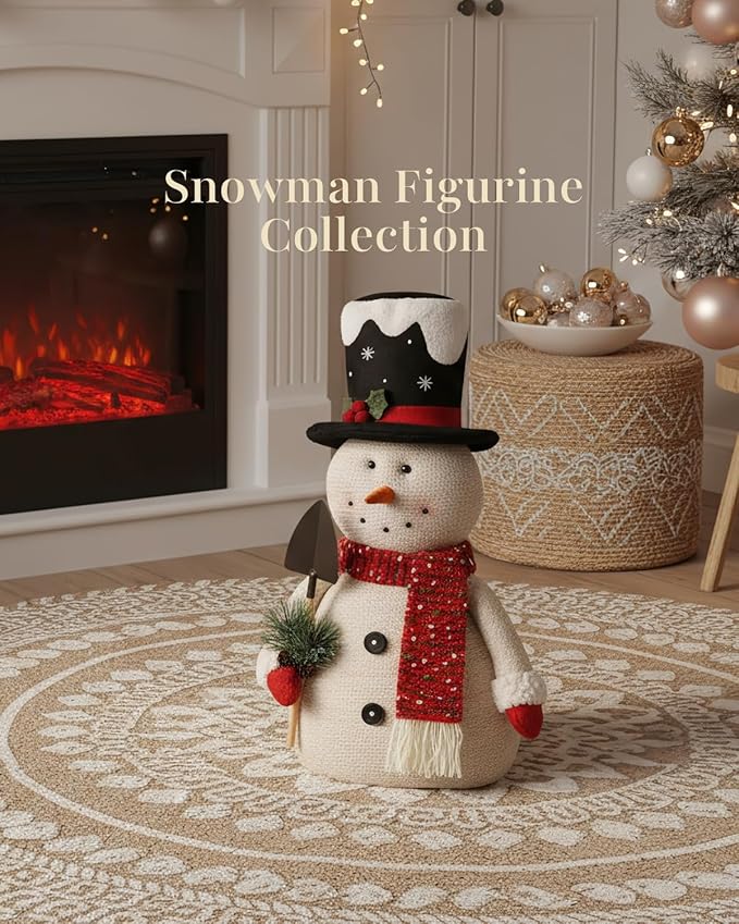 2025 Christmas Animated Snowman Decorations with Black Hat, Xmas Handmade Plush Ornaments for Indoor, Home, Bedroom Living Room and Holiday, Present for Family and Friends