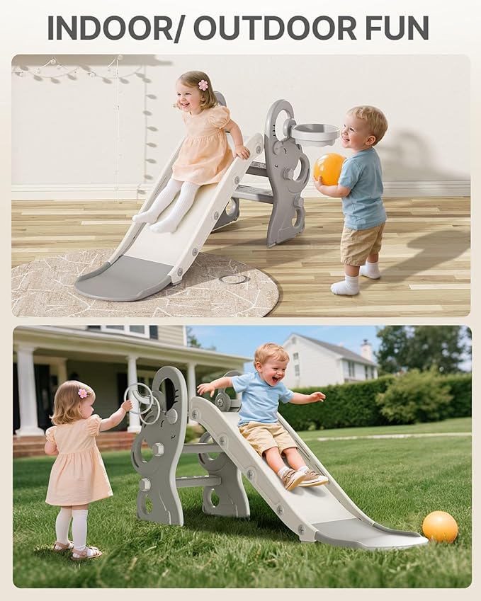 Babytronic Toddler Slide, Kids Indoor Outdoor Playset with Basketball Hoop & Ring Toss, Foldable Baby Plastic Slide, Outdoor Playground Climber Slide (Gray&White)
