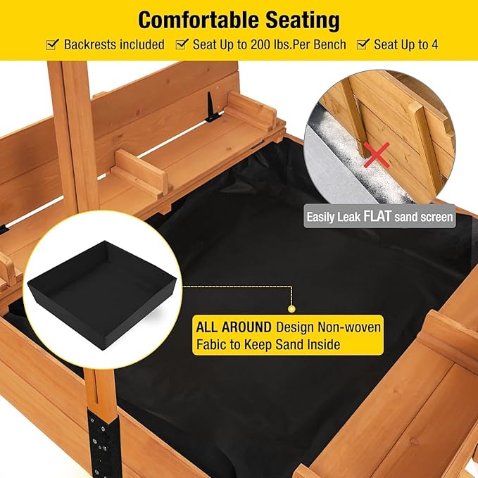 Aivituvin Kids Sand Boxes with Canopy Sandboxes with Covers Foldable Bench Seats, Children Outdoor Wooden Playset - Upgrade Retractable Roof (47x47Inch)