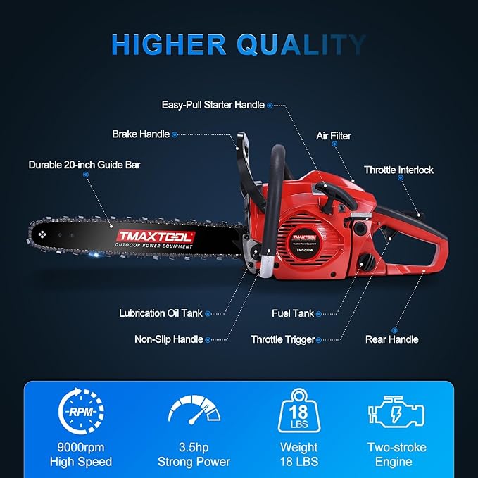 62cc Gas Chainsaw, 3.5-HP, 18 Inch Gas Powered Chainsaw, 2-Stroke Chainsaws with Automatic Oiler, Gasoline Chain Saw for Cutting Wood Outdoor Garden Farm Home, Red