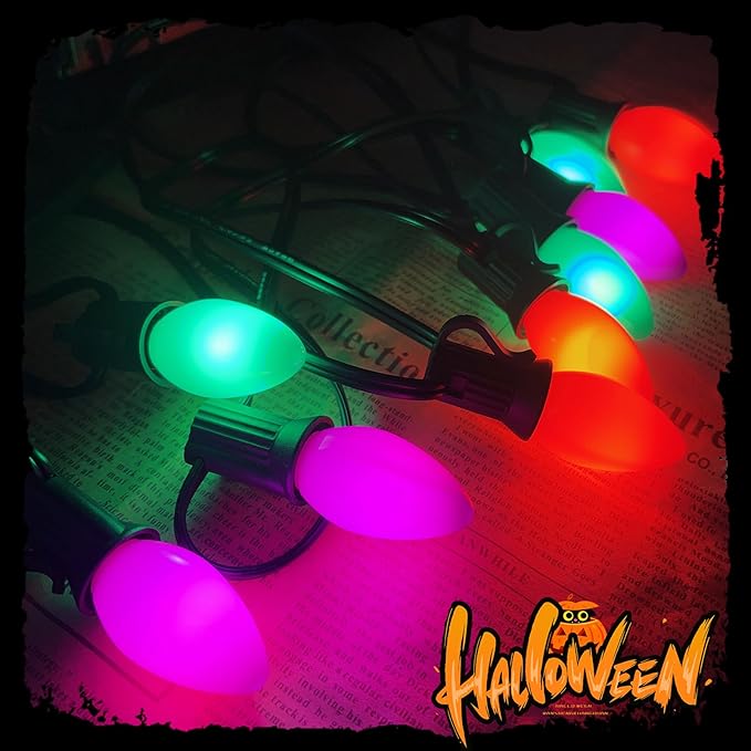 C7 Outdoor Halloween Lights Waterproof, 25Ft LED Outdoor Halloween Decorations Lights with 27 C7 Orange, Purple and Green Bulbs, Hanging Backyard Light for Roofline Garden Patio Holiday Pathway Porch
