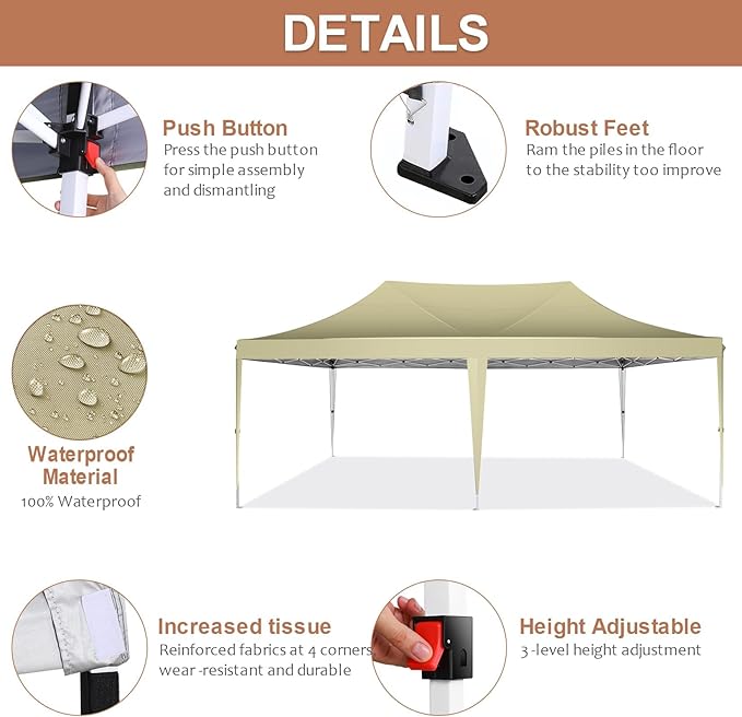 COBIZI 10x20 Pop Up Canopy with 6 Sidewalls,10x20 Canopy Tent Frame Upgraded with 3 Adjustable Heights,Waterproof UV50+ Outdoor Party Commercial Ez Up Gazebos with Carry Bag(10 x 20 ft Khaki)