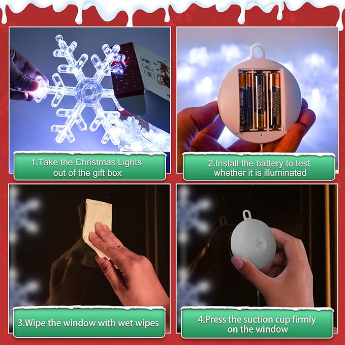 3Pack Christmas Window Lights Decorations with Timer, Battery Powered Christmas Hanging White Lighted Snowflake Shaped LED Sucker String for Xmas Tree Fireplace Indoor Decor