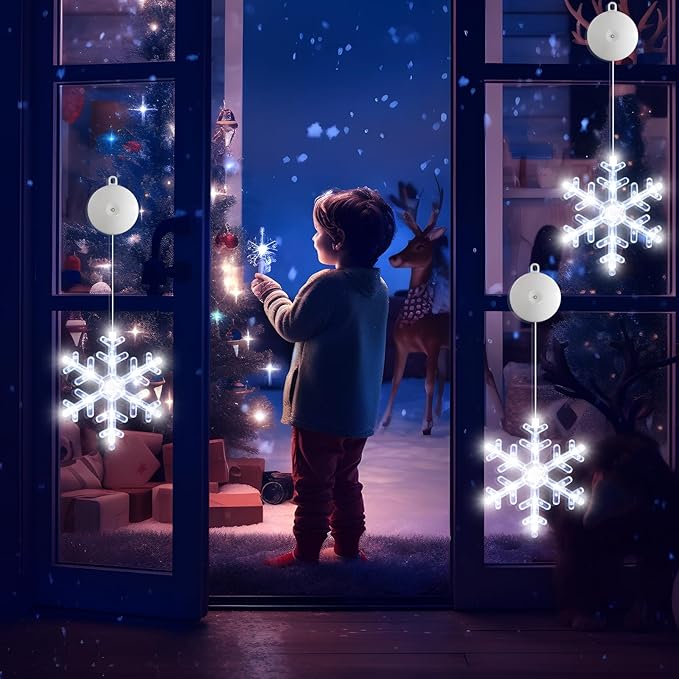 3Pack Christmas Window Lights Decorations with Timer, Battery Powered Christmas Hanging White Lighted Snowflake Shaped LED Sucker for Xmas Lamp Tree Fireplace Indoor Decor
