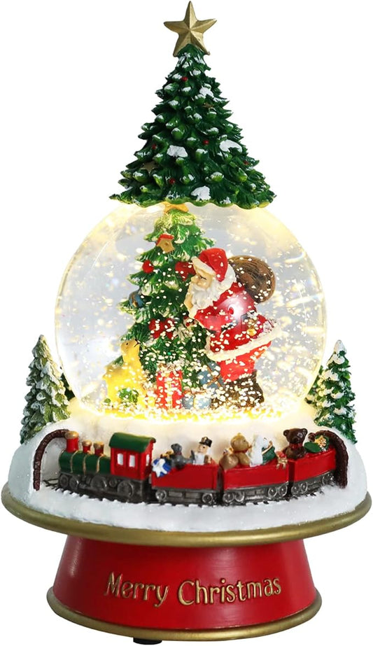 Taman Christmas Snow Globe, Santa with Gifts,Christmas Tree,Mini Train Carrying Bears Musical with Swirling Glitter Snowflakes Lighted Christmas Decorations Tabletop Home Décor