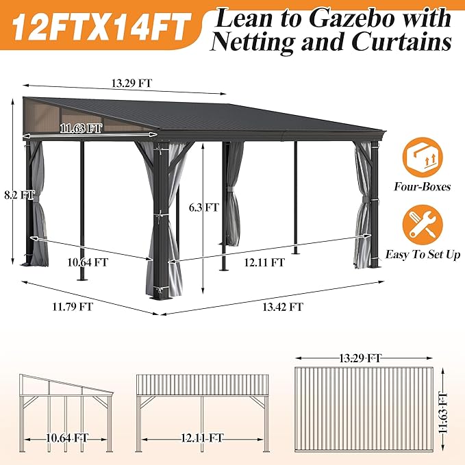 GARTOO 12' x 14' Lean to Hardtop Gazebo for Patio - Aluminum Frame Gazebos Pergola with Sloping Metal Roof, Outdoor Wall-Mounted Canopy Awnings to House for Patio, Garden, Lawn, Backyard Deck