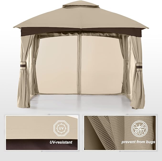 MASTERCANOPY Outdoor Patio Gazebo for Garden with Upgrade Steel Frame and Netting Walls (10x10, Khaki)
