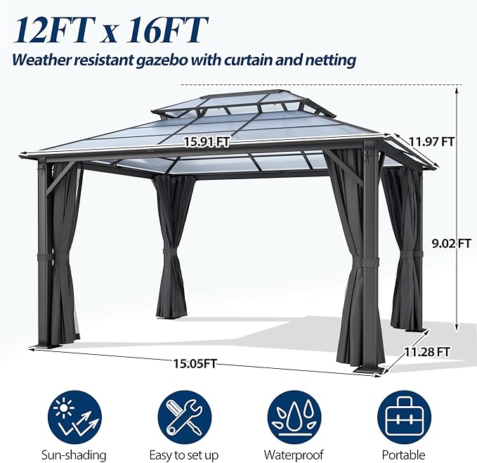COVERONICS 12FT x 16FT Patio Polycarbonate Hardtop Gazebo with Steel Frame - Outdoor Translucent Double Roof Gazebo with Netting & Curtains for Lawn, Garden, Backyard, Poolside