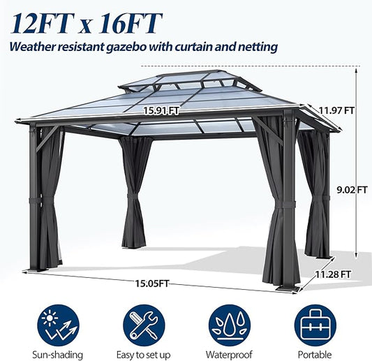 COVERONICS 12FT x 16FT Patio Polycarbonate Hardtop Gazebo with Steel Frame - Outdoor Translucent Double Roof Gazebo with Netting & Curtains for Lawn, Garden, Backyard, Poolside