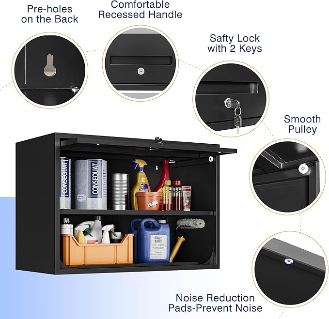 Yizosh Metal Garage Wall Cabinet with Doors and Shelves, Wall Mounted Metal Storage Cabinet, Floating Garage Tool Cabinet for Garage, Basement, Kitchen, Warehouse (Black, 21.6 H)