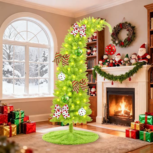 YUJUN 5.25ft Christmas Whimsical Bendable Artificial Tree, 150 LED Lights Christmas Green Tree Skirt with Timer 8 Lighting Modes for Xmas Indoor Outdoor Home Living Room Office Holiday Decoration