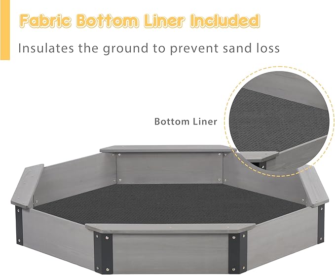 64''x56''x8.5'' Octagon Sandbox with Cover for Kids Outdoor Play, Wood Large Sandpit with 4 Benches, Quick Easy Install, US. Patented