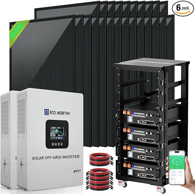 ECO-WORTHY 10000W Complete Off-Grid Solar Panel Kit for Home| 10KW 120V/240V Output Split Phase| 20.48kWh Lithium Battery with Rack| 9840 Watts Solar Panel PV