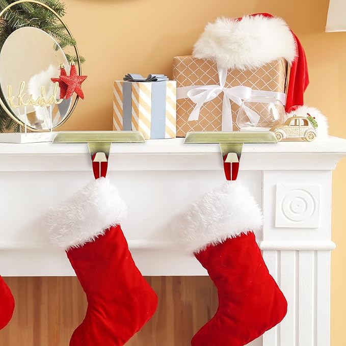 Fovths 4 Pieces Christmas Stocking Holders Bases Metal Mantle Stocking Hooks Fireplace Stocking Hanger Weighted Hanging Hooks for Xmas Holiday Party Decorations, Bronze