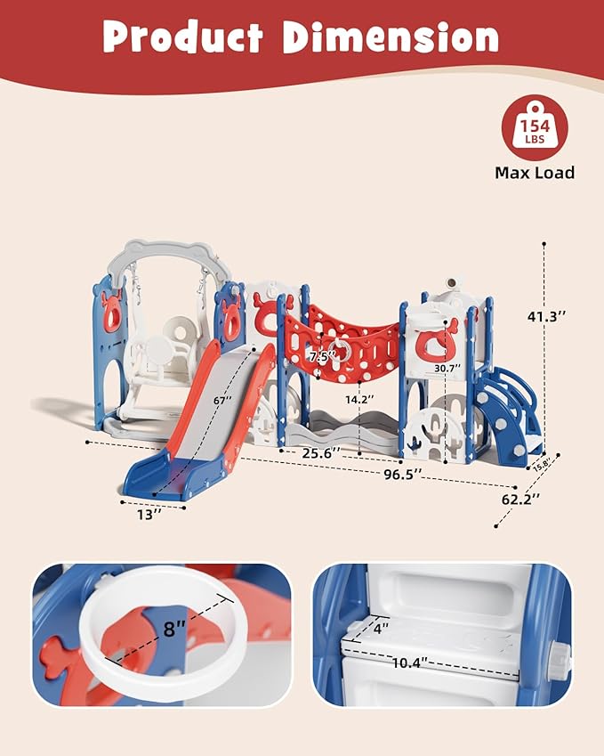 XJD 12-in-1 Toddler Slide and Swing Set, Kids Slide for Toddlers Age 1+, Toddler Outdoor Playset New Upgrade with Golf Set, Basketball Hoop, Drawing Board for Playground (Blue Red)