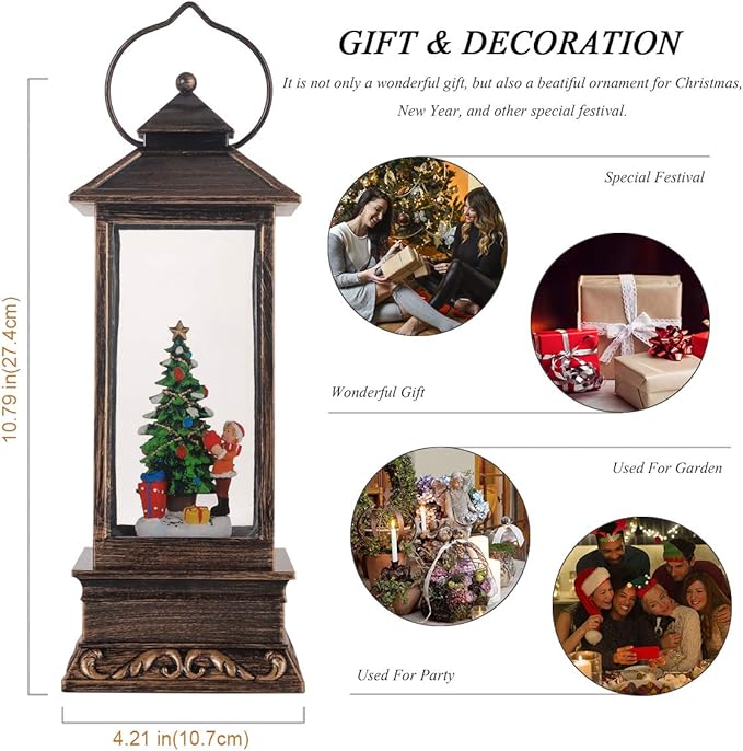 Christmas Snow Globe Lantern Christmas Decorations, Xmas Gifts Christmas Vintage Home Decor Indoor,Christma Lantern Sparkling with Music 6H Timer, Holiday Party Gifts(Christmas Tree)