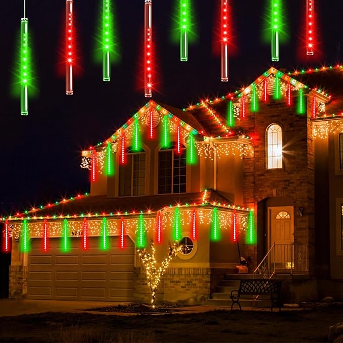 Solar Meteor Shower Lights Outdoor Decorations, Waterproof Christmas Lights Solar Powered, 16 Tubes 384LED Rain Drop Light, Snow Cascading String Light for Xmas Tree Party Garden Decor(Red and Green)