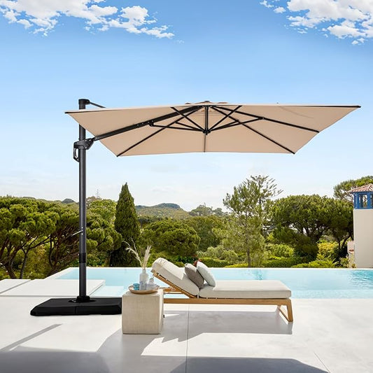 GREEN PARTY 10x10 ft Cantilever Patio Umbrella, Rectangle Offset Outdoor Umbrellas with 360° Rotation, 5-Year-Non-Fading Hanging Pool Umbrella for Garden Deck Poolside - Beige