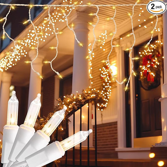 new one 2 Pack Icicle Christmas Lights for Outside Warm White 17.67FT 300 Incandescent Lights, Connectable String Lights with White Wire, 54 Drops