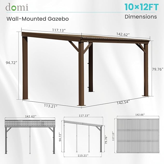 Domi 10' x 12' Lean to Gazebo, Wall Mounted Gazebos Pergola with Built in Drainage System, Galvanized Steel Roof, Hardtop Patio Shelter for Deck, Porch, Backyard and More,Brown