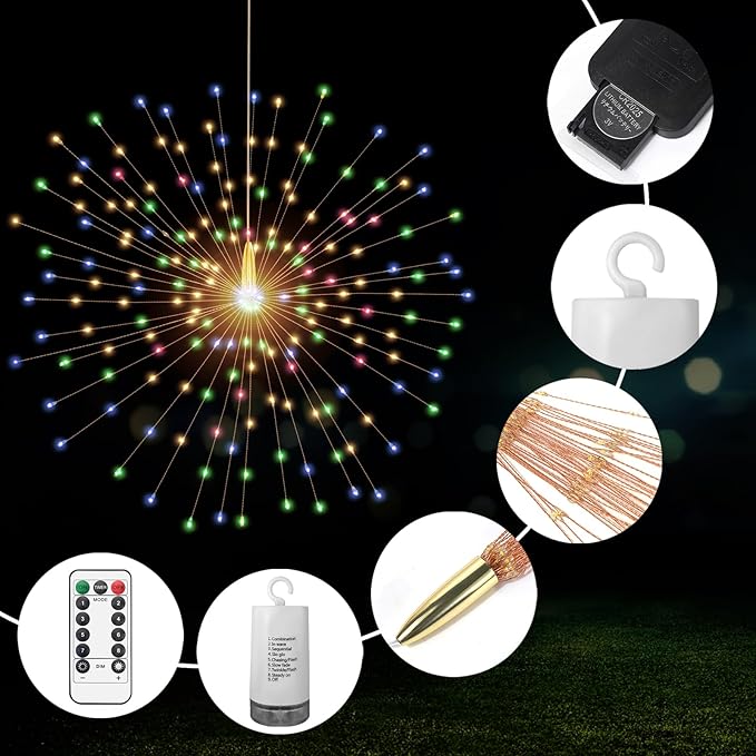 2 Pack Starburst Sphere Lights,200 LLED Firework Lights, 8 Modes Dimmable Remote Control Waterproof Hanging Fairy Light, Copper Wire Light for Patio Parties Christmas (Colorful)
