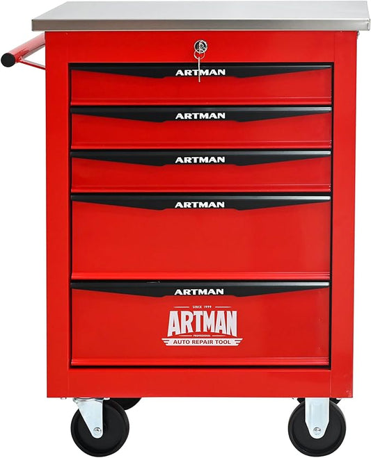 RYH 4/5/6/7 Drawers Rolling Tool Chest -Heavy Duty Mobile Metal Tool Box with Locking Wheels, with Stainless Steel Worktop, Garage Tool Storage Cabinet (Red, 5-Drawers 30.7 H¡¿22.2 W)