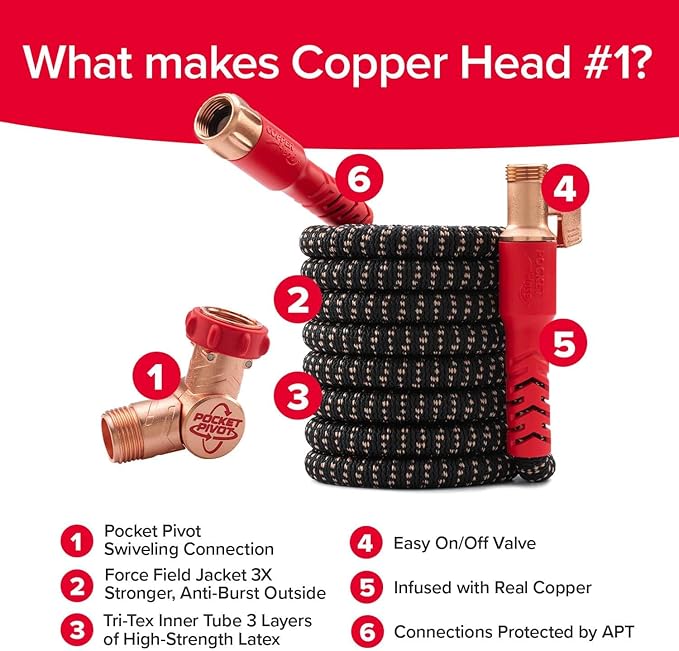 Pocket Hose Copper Head Expandable Garden Hose 75ft with Pocket Pivot, No Tangles, AS SEEN ON TV, 360¡Æ Swivel, Tri-Tex Tubing, Force Field Jacket, Lead-Free, No-Kink, Anti-Burst w/APT