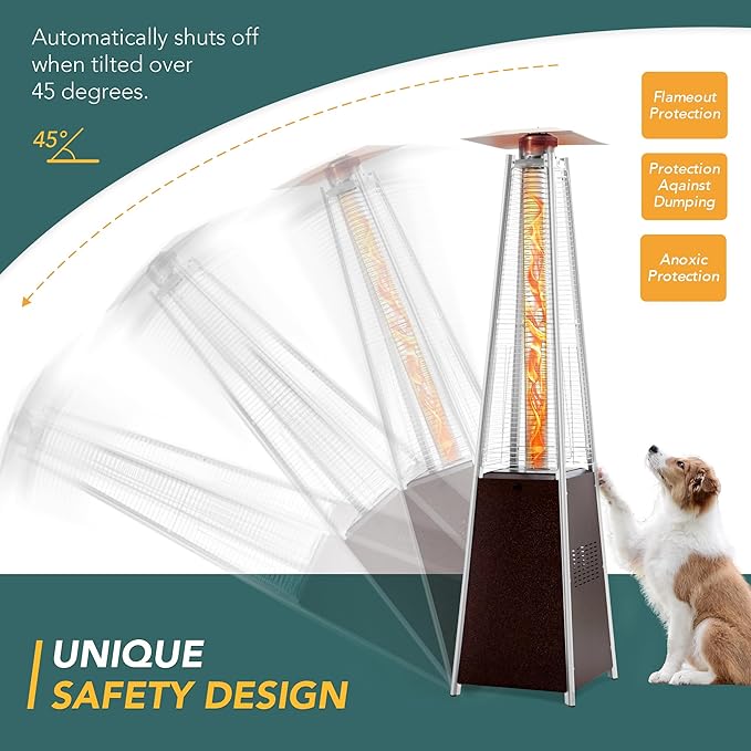 Pamapic Patio Heater, 48,000 BTU Pyramid Flame Outdoor Heater with Cover, Quartz Glass Tube, 87 Hammered Bronze Tower Propane Outdoor Heater with Wheels