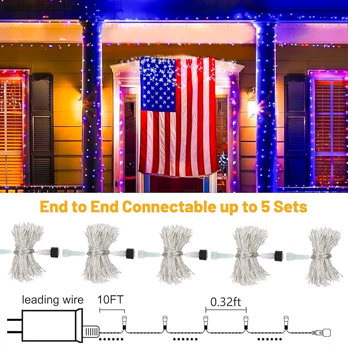 4th of July Lights, 200 LED 66ft Red White and Blue Patriotic String Lights Plug-in, 8 Modes &Timer Waterproof for Outdoor Indoor Independence Day, Memorial Day, Holiday Decor