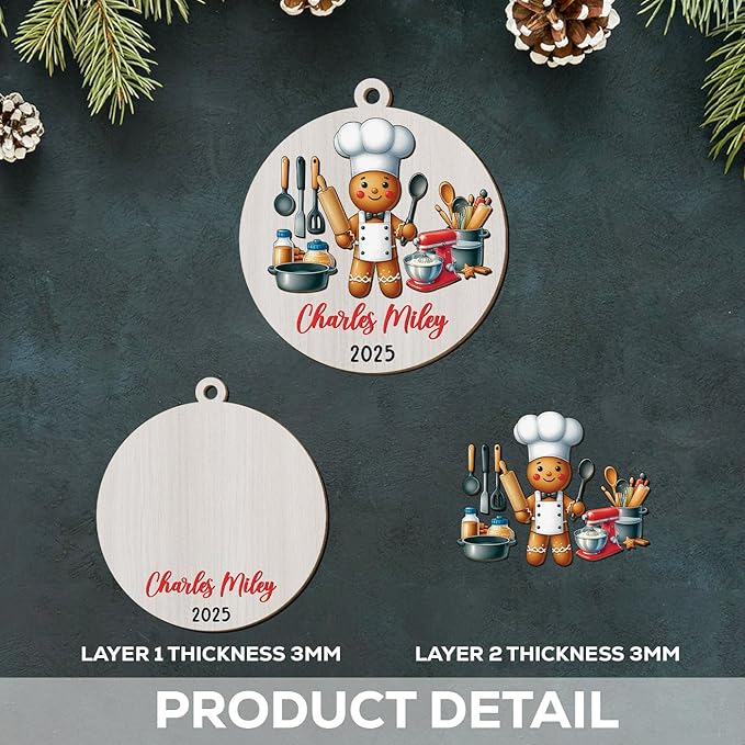 Personalized Chef 3D Wooden Ornament Gift for Dad Grandpa Mom Wife Grandma Family, Master Chef Christmas Tree Ornaments 2025, Custom Year & Name Cook Cooking Lover Ornament for Holiday Appreciation