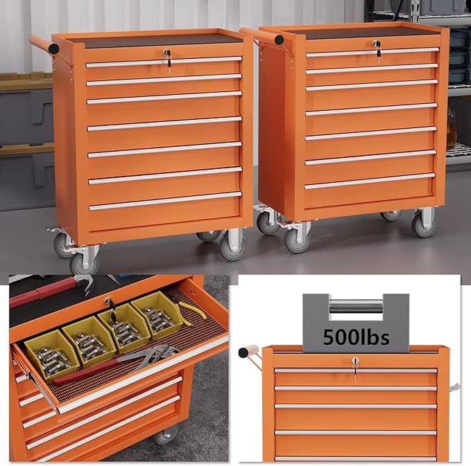 7-Drawer Tool Chest,Rolling Tool Cart with Wheels,High Capacity Tool Cabinet with Locking System for Garage, Warehouse, Workshop-Orange