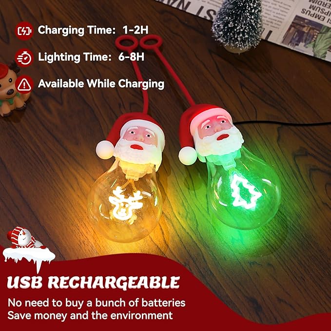 Brightever 2-Pack Lighted Christmas Hanging Ornaments for Christmas Tree Decor, Santa Claus Night Lights USB Rechargeable, Shatterproof A19 LED Bulbs with Bell and Reindeer Filaments for Indoor Decor