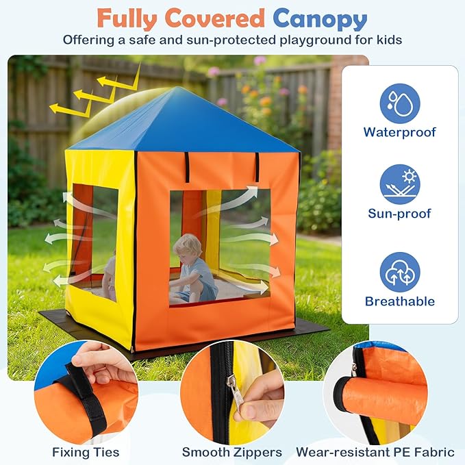 Costzon Kids Wooden Sandbox with Canopy, Outdoor Fir Wood Playhouse with Bottom Liner, Roll-up Door Curtains, Bench Seats & Storage Space, Sand Playground for Garden Backyard (Yellow&Blue)