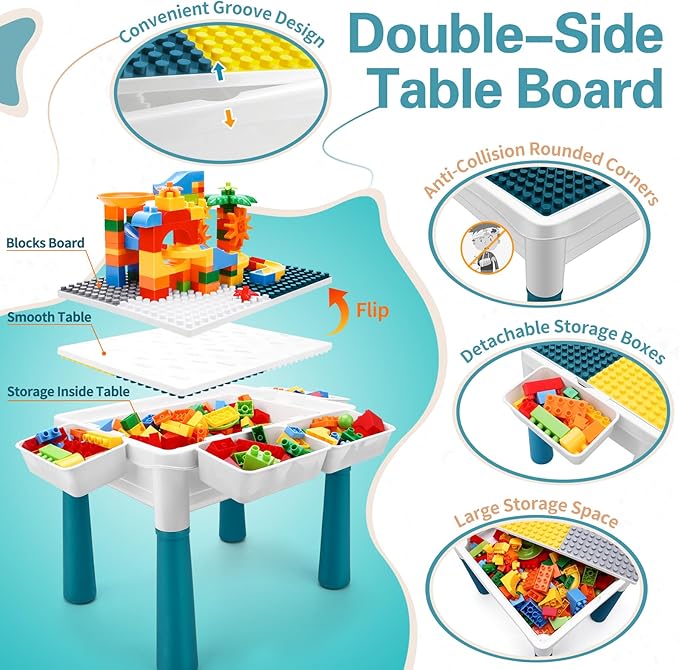 Kids Activity Table, 6-in-1 Play Table Chair Set - Adjustable Height, Storage Box, 105pcs Marble Run Building Blocks, Water & Sand Table Playset Toy Gift for Toddlers